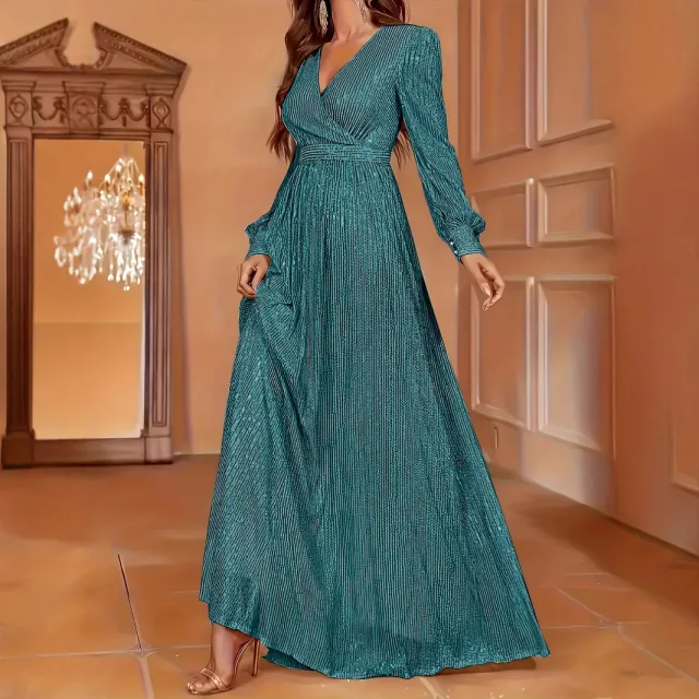 Elegant Dinner Sequined Long Sleeve V neck High Waist Evening Dress Green - Shop at LoveMi