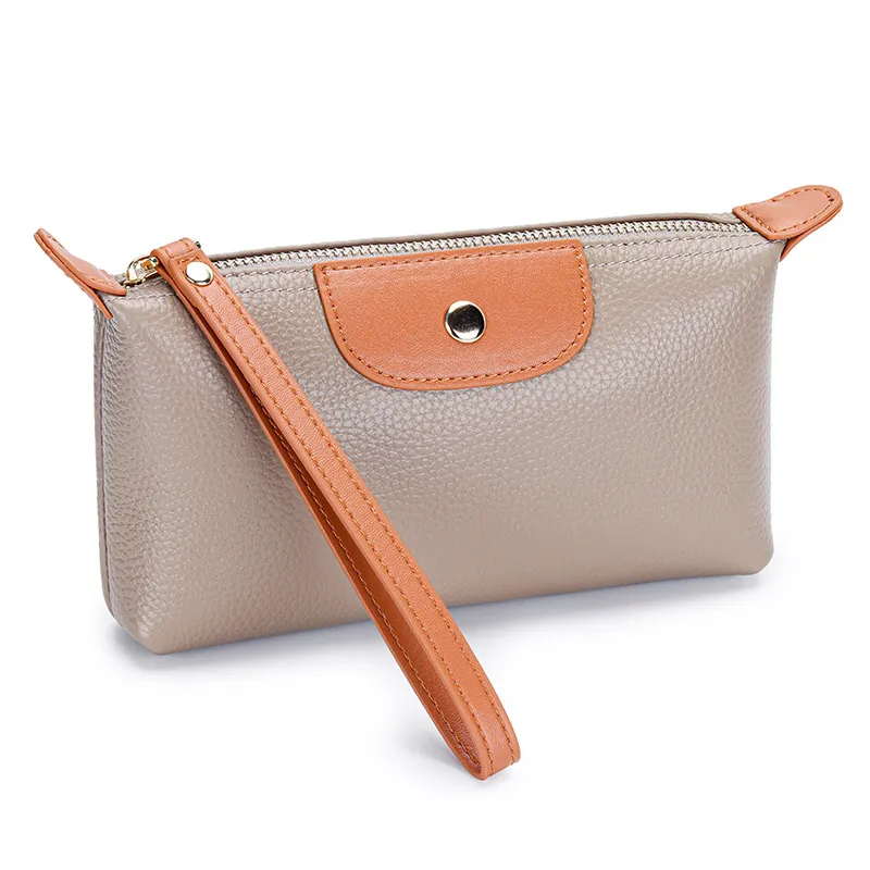 First Layer Women's Leather Handbag Large Capacity Clutch Phone Holder Handbag - Grey