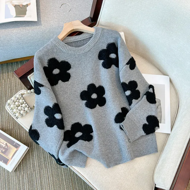 Design Flower Loose Slimming Pullover Round Neck Sweater Gray - Shop at LoveMi