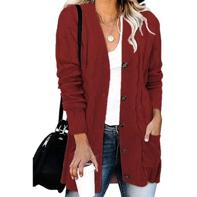 Autumn And Winter Women's Casual Knitted Button Coat Wine Red - Shop at LoveMi