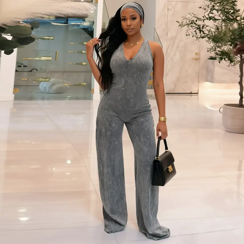 Casual Sporty Fauxwatereffect Openback Flared Jumpsuit