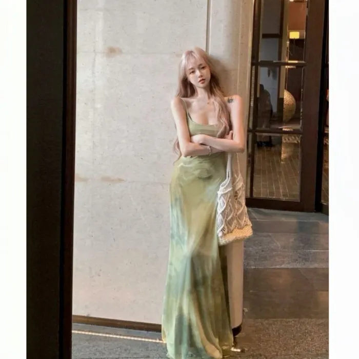 Retro Cool And Minimalist Light Green Strap Dress With A Pure And Alluring Vibe - Green