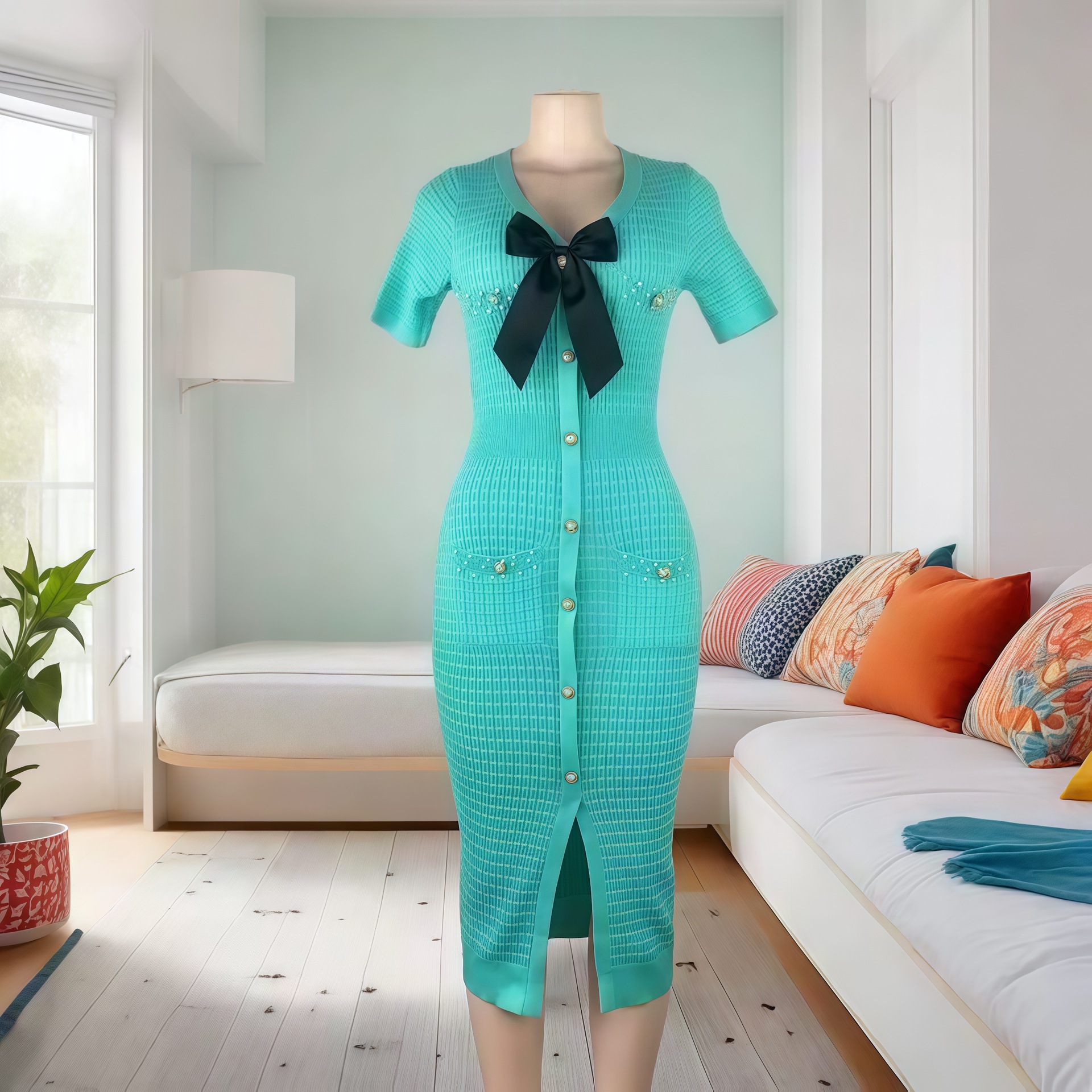 V neck Bow Short sleeved Beaded Button Slit Knit Dress Green - Shop at LoveMi