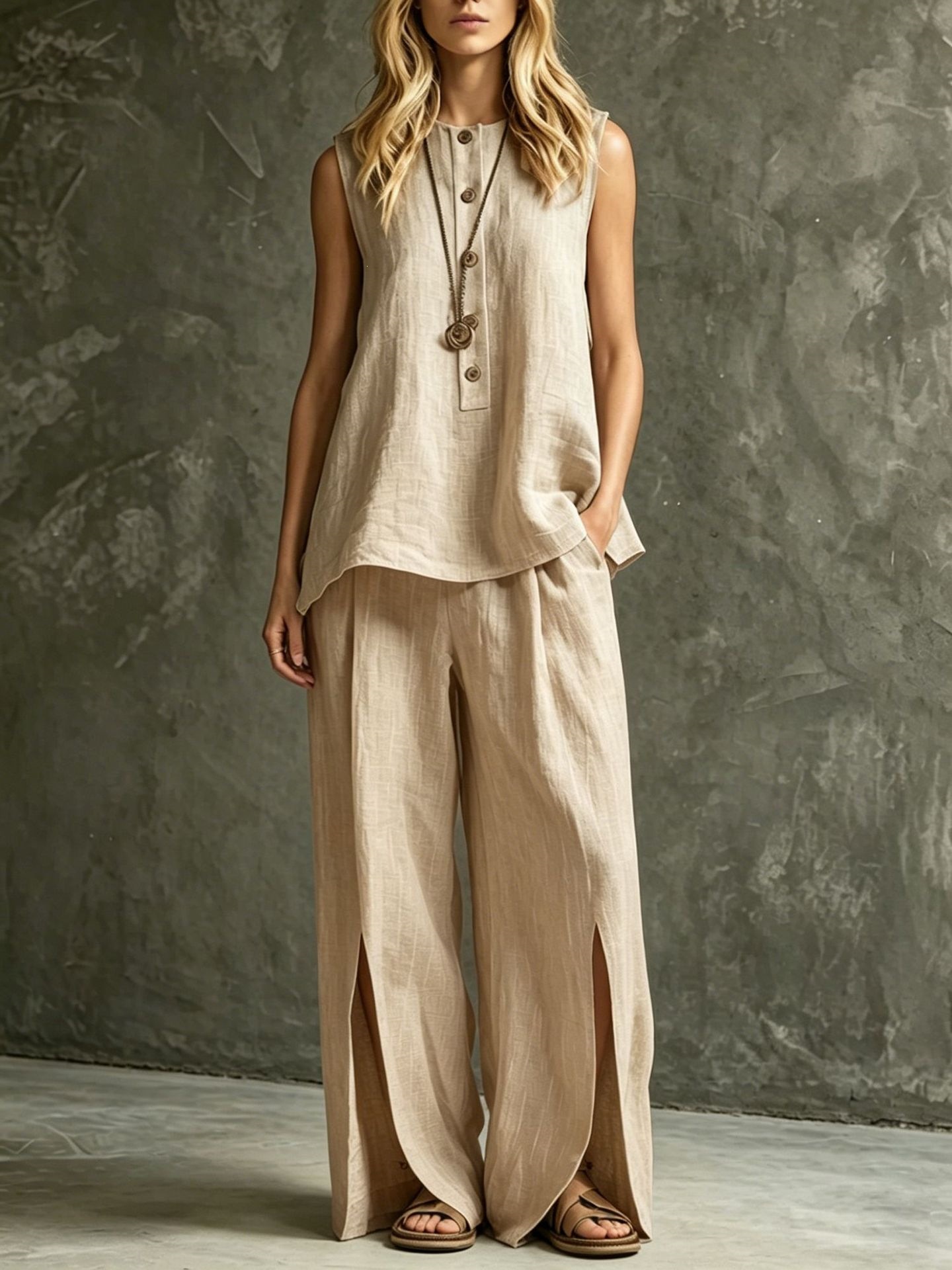 Women's tank top and slit wide-leg pants set in light gray – lifestyle styling