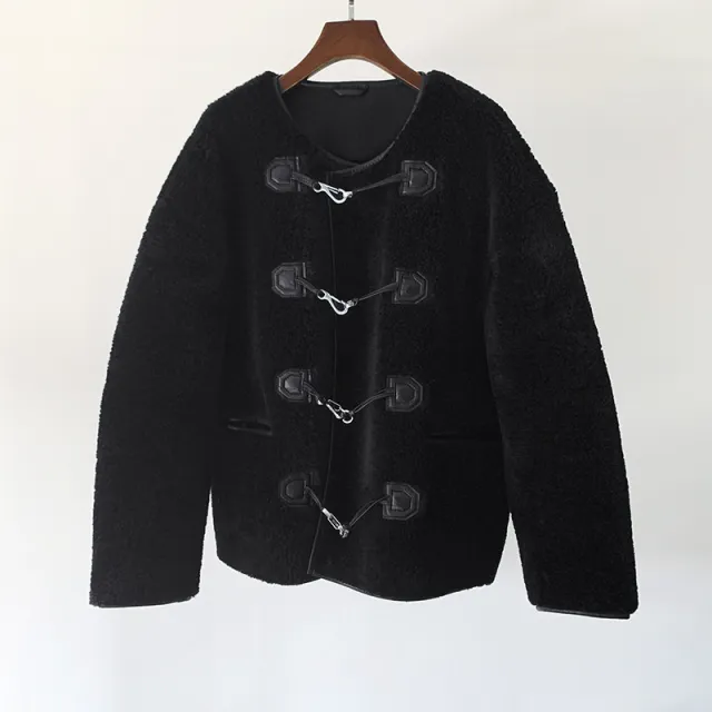 Autumn And Winter New Metal Leather Ring Fur Stitching Casual Fashionable Stylish Coat Black - Shop at LoveMi