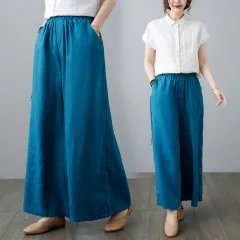 Women's Casual Cotton And Linen Loose High Waist Straight Wide Leg Pants - Denim Blue - View 1