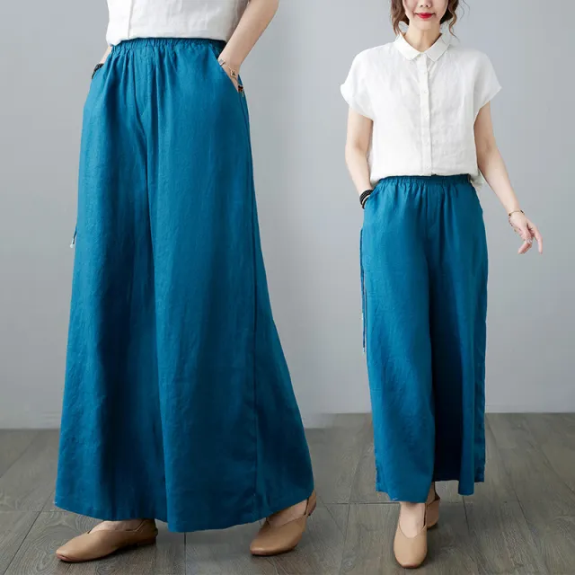 Women's Casual Cotton And Linen Loose High Waist Straight Wide Leg Pants Denim Blue - Shop at LoveMi