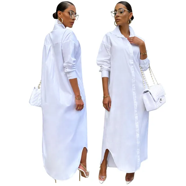 Women's Fashion Casual Solid Color Long Shirt Coat White - Shop at LoveMi
