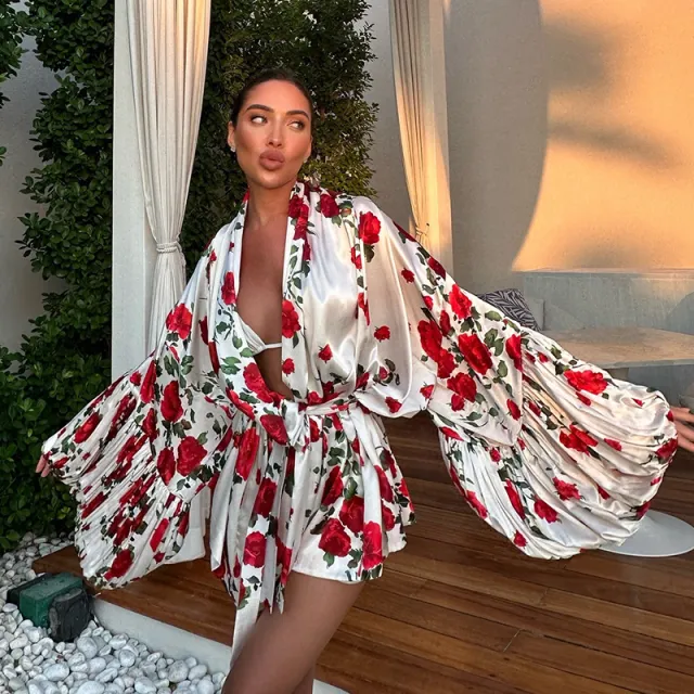 Printed Lantern Sleeve Loose Shirt Dress Rose - Shop at LoveMi