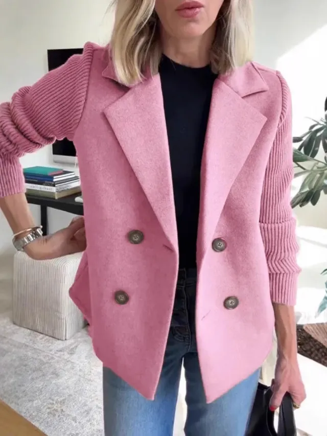 Double Breasted Lapel Jacket Fashion Knitted Sleeves Splicing Design Coat Outerwear Women's Clothing Pink - Shop at LoveMi