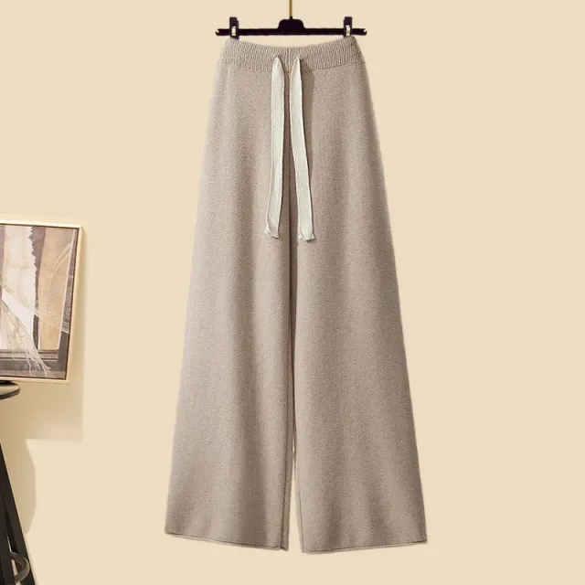 Idle Style Three piece Set Thick Turtleneck Sweater Wide Leg Pants Wear Long Cardigan Jacket Slimming Khaki Pants - Shop at LoveMi