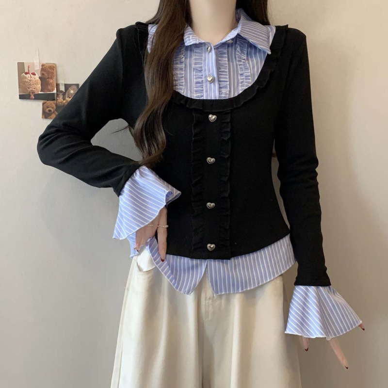 Versatile Slimming Mock Two-Piece Patchwork Knit Shirt 3