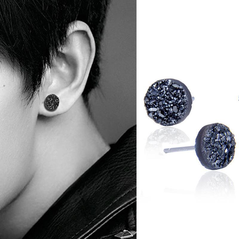 S925 Sterling Silver Men's Earrings Men's Trendy Black Crystal Cluster