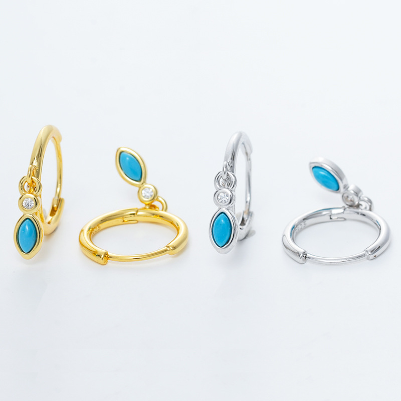 925 Sterling Silver Round Wire Turquoise Waterdrop Hoop Earrings