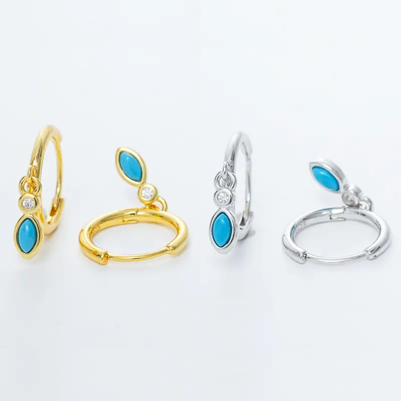 925 Sterling Silver Round Wire Turquoise Waterdrop Hoop Earrings
