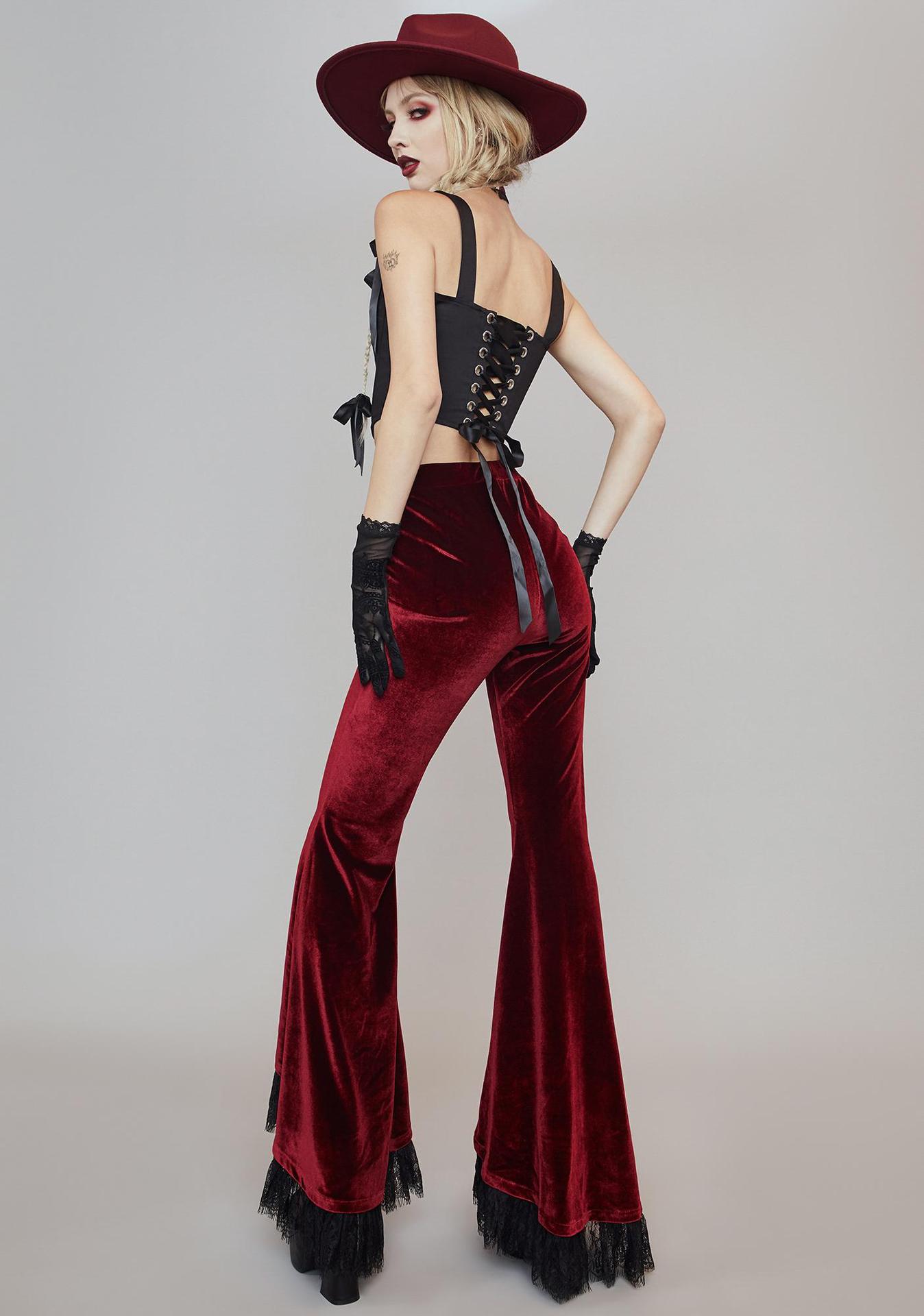 Title 3, High-waisted Commuter Red Velvet Flared Trousers