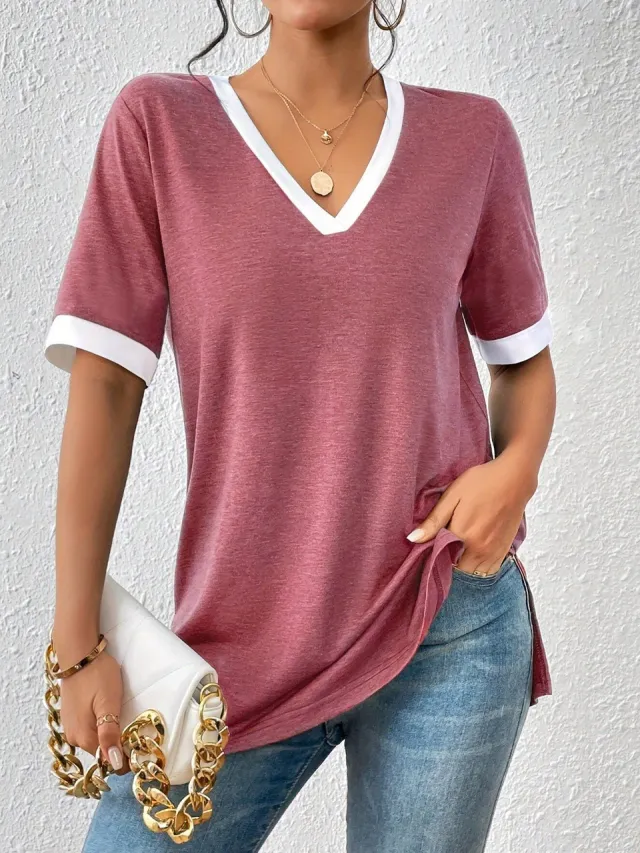 Women's Color Matching Short sleeved Top Peach - Shop at LoveMi