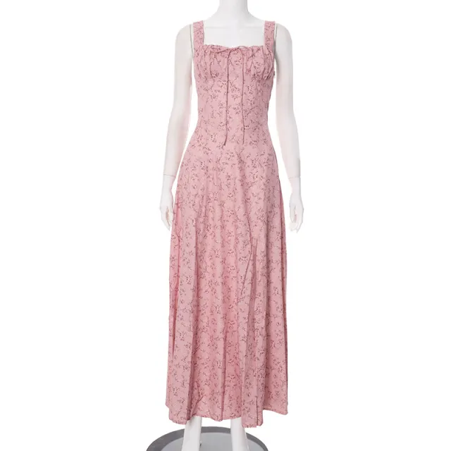 European And American Spring And Summer Floral Backless Slim Fit Sleeveless Split Dress Pink - Shop at LoveMi