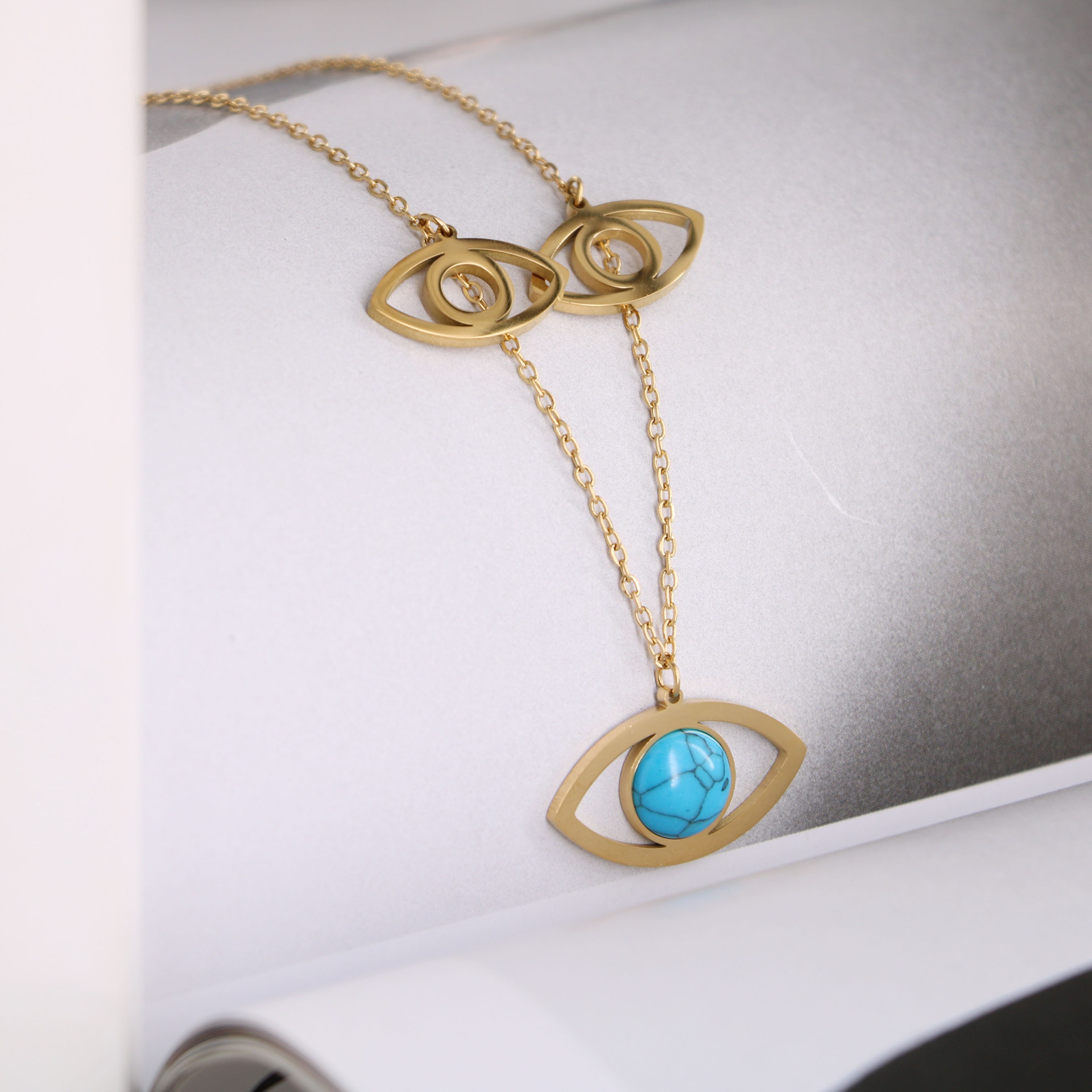 Decoration Titanium Steel 18K Gold Blue Turquoise Devil's Eye Element Necklace Female Special-interest Design Twin Style
