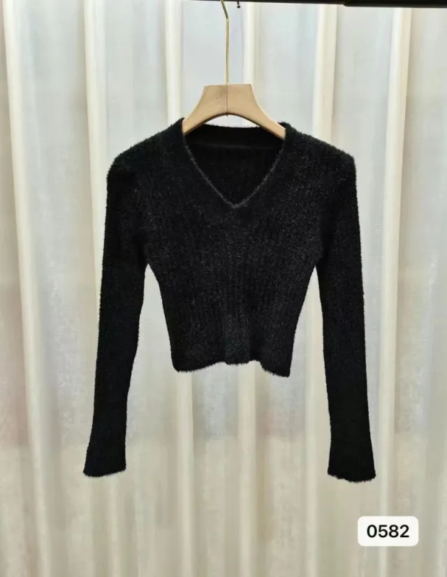Autumn And Winter Women's V neck Long Sleeve Pullover Short Sweater Black - Shop at LoveMi