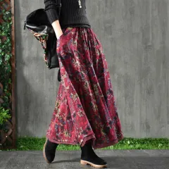 Retro Artistic Floral Slimming Skirt Double Layer Wide Hem Flowy - Red - View 1