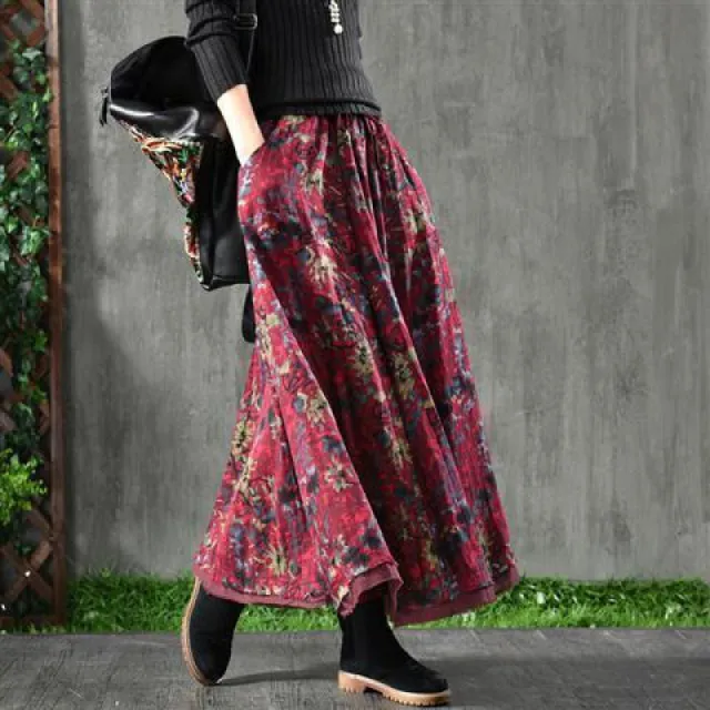 Retro Artistic Floral Slimming Skirt Double Layer Wide Hem Flowy Red - Shop at LoveMi