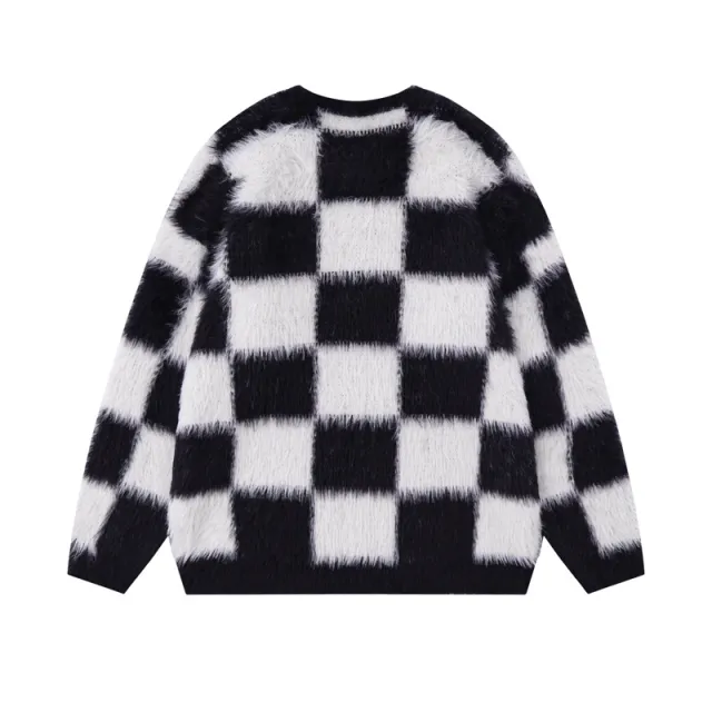 National Fashion Street Creativity Design Chessboard Round Neck Sweater Black - Shop at LoveMi