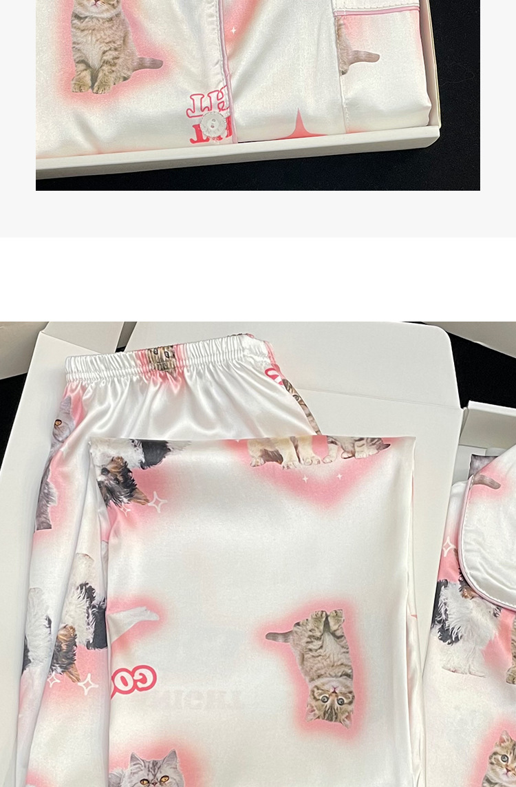 Cute Cat Print Thin Pajamas Women's Outer Wear Silk Home Wear Suit