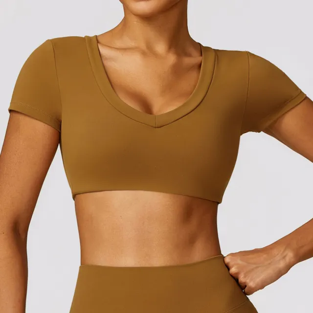High Strength Skinny Yoga Clothes Outdoor Casual Running Quick drying Fitness Short Sleeve Ginkgo Brown - Shop at LoveMi