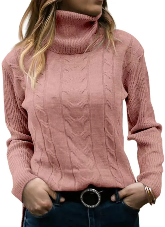 Solid Color Turtleneck Sweater Retro Long Sleeve Sweater Pink - Shop at LoveMi