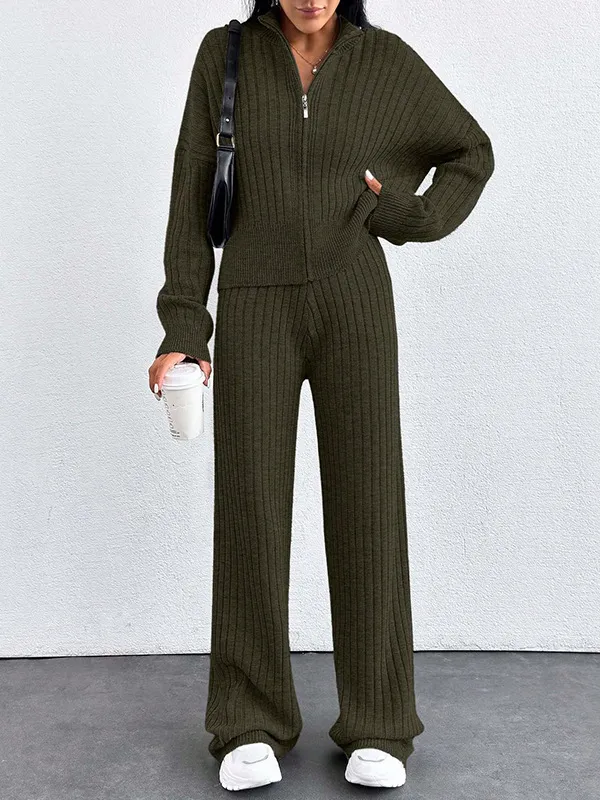 Autumn And Winter New European And American Women's Casual Loose Zip Top And Trousers Two piece Set Army Green - Shop at LoveMi