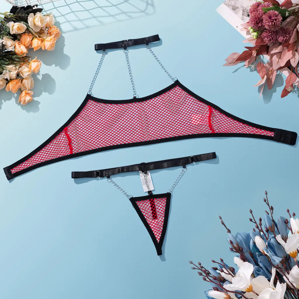 Women's Mesh Metal Chain Underwear Bra Set - Red