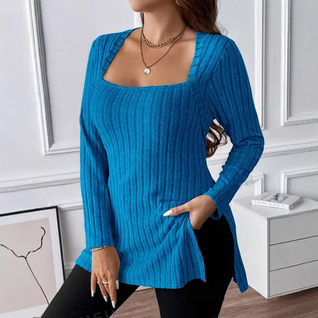 Rib Fabric Brushed Square Collar Long Sleeve Top Sapphire Blue - Shop at LoveMi