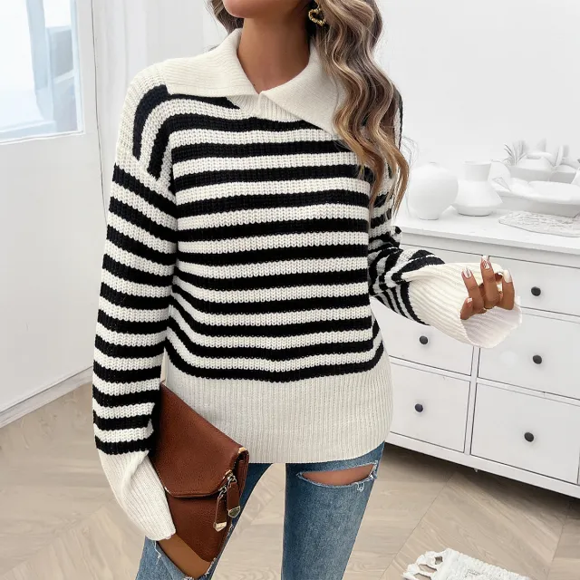 Top Women's Loose Lapels Striped Long Sleeve White - Shop at LoveMi