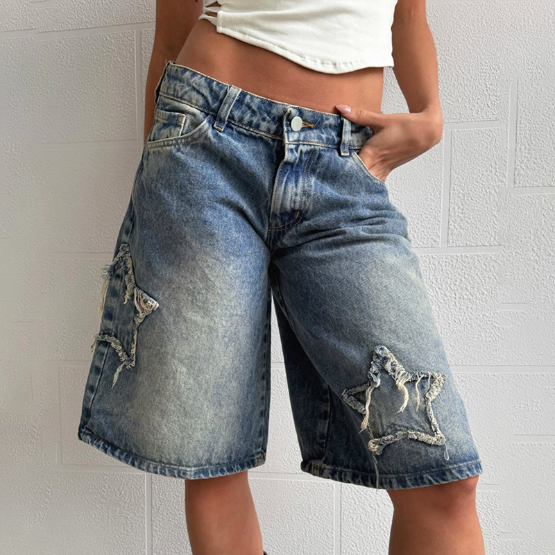 Women's Casual Denim Cropped Pants With Star Patches