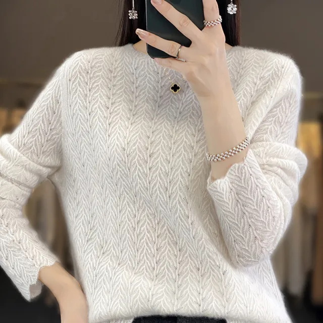 Heavy Industry Round Neck Sweater Hollow Out Loose Pullover Women Milky White - Shop at LoveMi