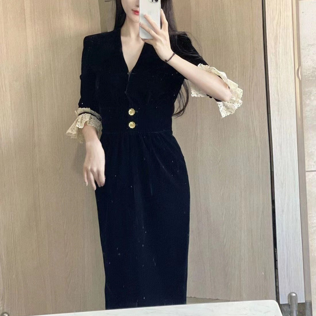 French Hepburn-style Black Velvet Dress
