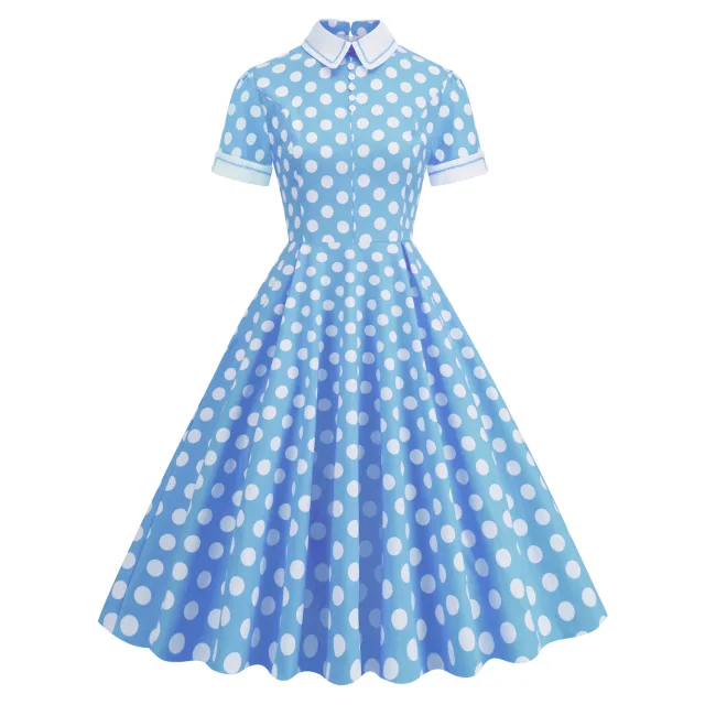 Elegant Polka Dot Photo Maxi Skirt Retro Dress Light Blue - Shop at LoveMi