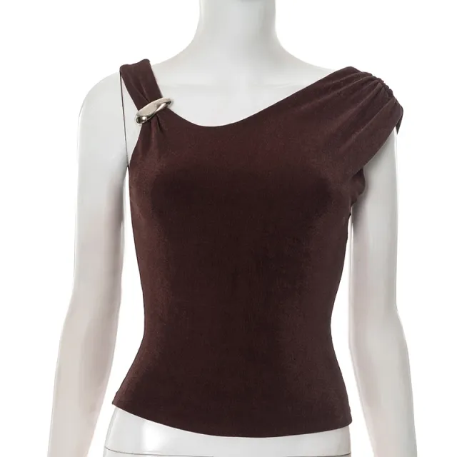 Solid Color Irregular Metal Button Vest Top For Women Brown - Shop at LoveMi