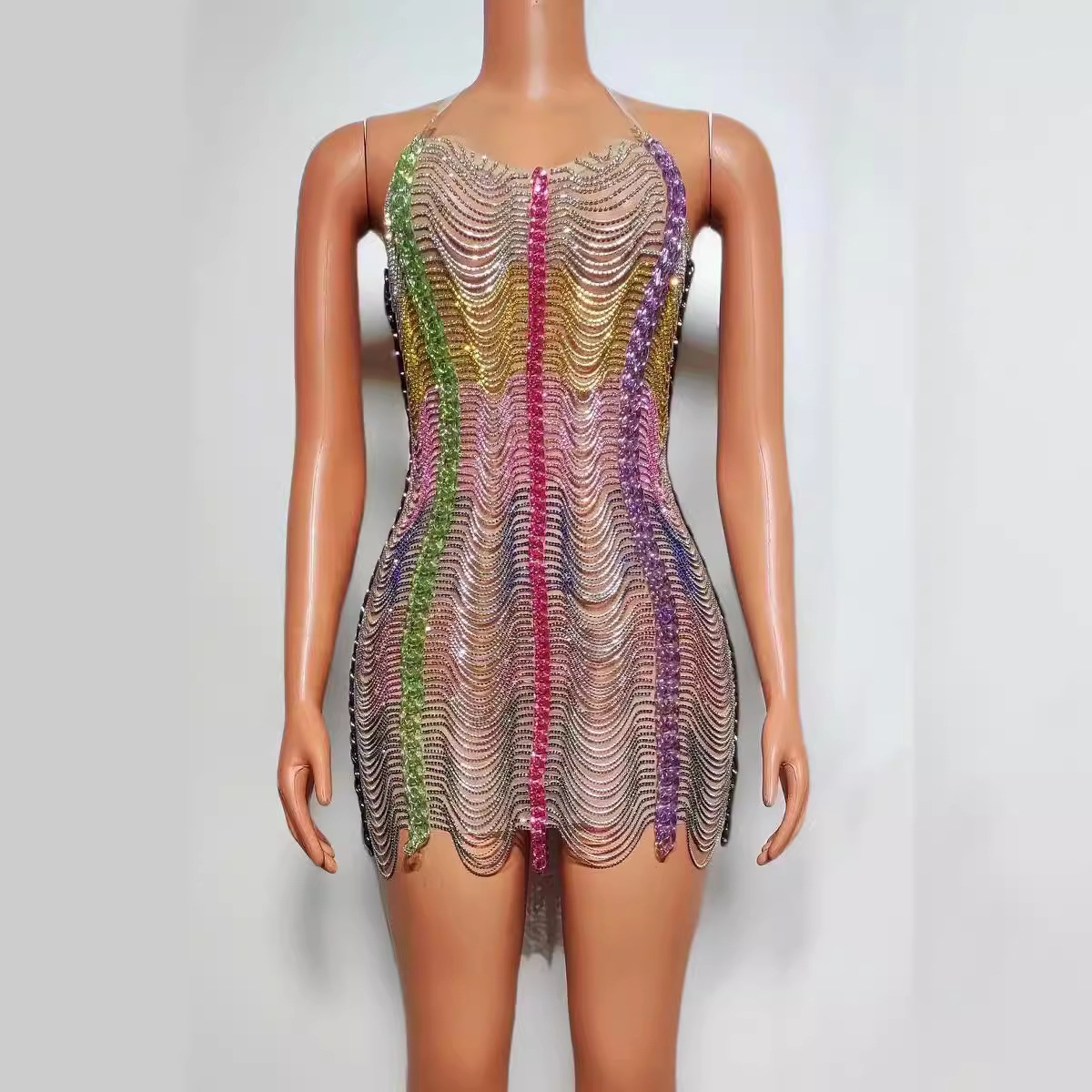 Colorful Drill Chain Dress Performance Costume Party Evening Dress