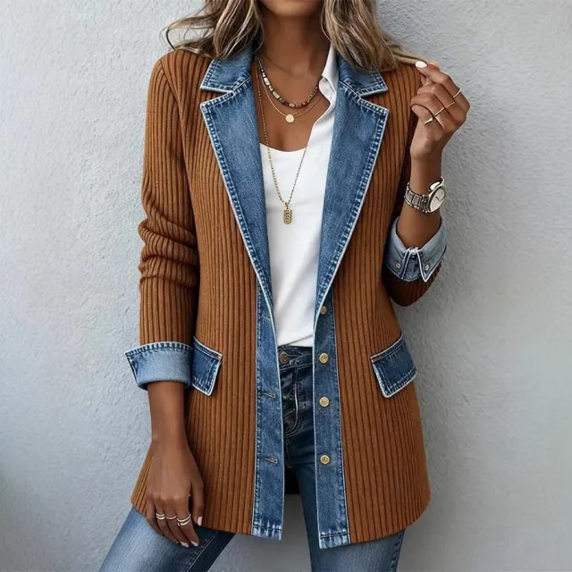 Womens Casual Denim Patchwork Ribbed Lapel Jacket Suit Brown - Shop at LoveMi