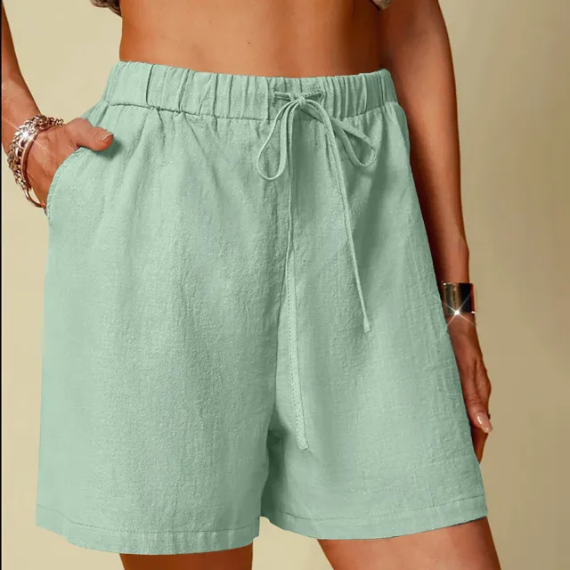 Women's Cotton Linen Pure Color Comfort Wide Leg Shorts Emerald Green - Shop at LoveMi