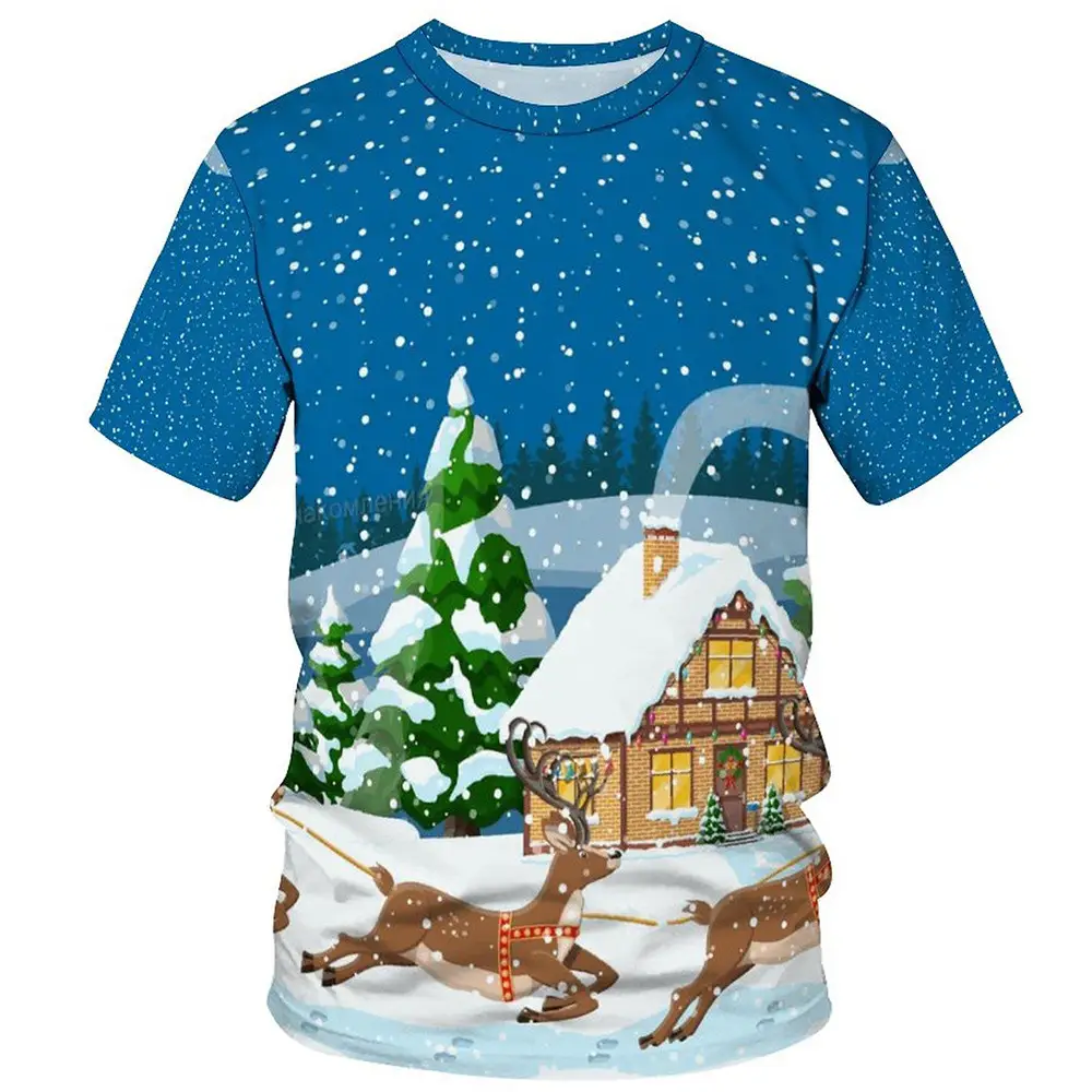 Christmas New 3D Printed Round Neck T-shirt Loose Casual Men's Short Sleeve