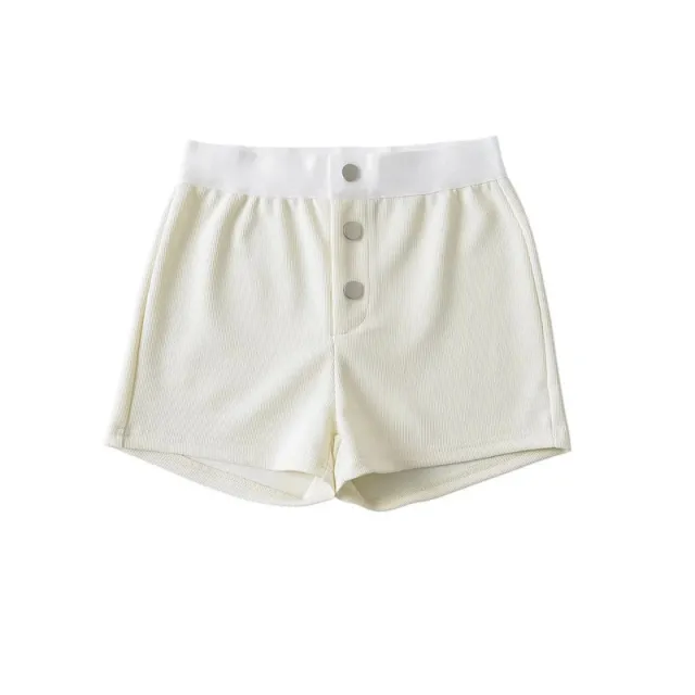 Sweet Cool Style Color Matching High Waist Three button Casual Shorts Fashion Outerwear Home Wide Leg Hot Pants Beige - Shop at LoveMi
