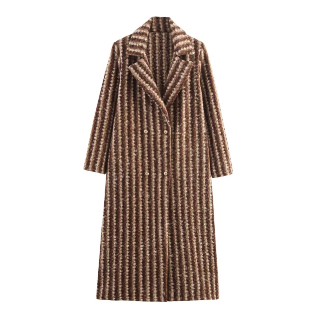Autumn And Winter Women's British Style Woolen Striped Wide Coat Dark Brown - Shop at LoveMi