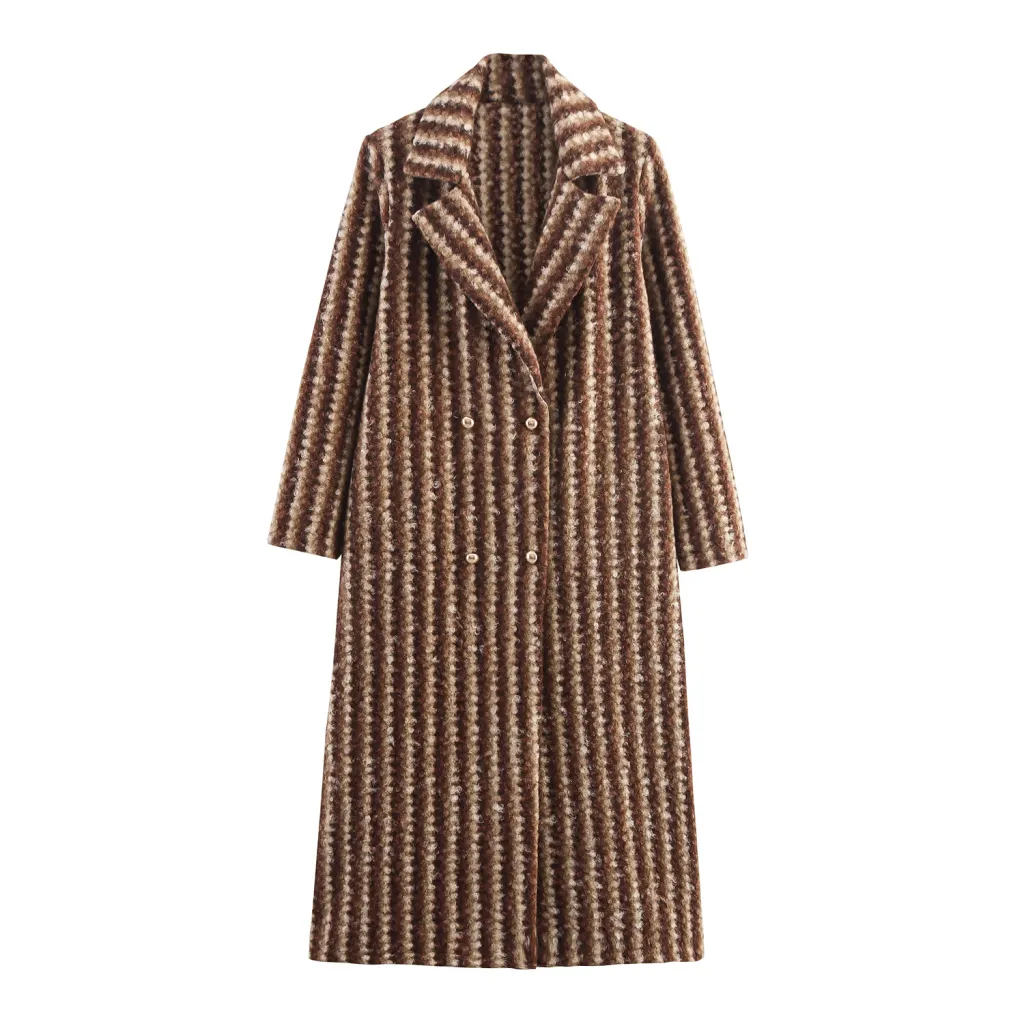 Autumn And Winter Women's British Style Woolen Striped Wide Coat - Dark Brown