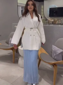 V-neck Solid Color Sweater Cardigan With Belt - White - View 1