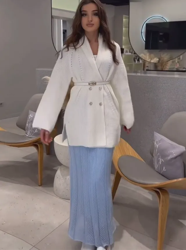 V neck Solid Color Sweater Cardigan With Belt White - Shop at LoveMi