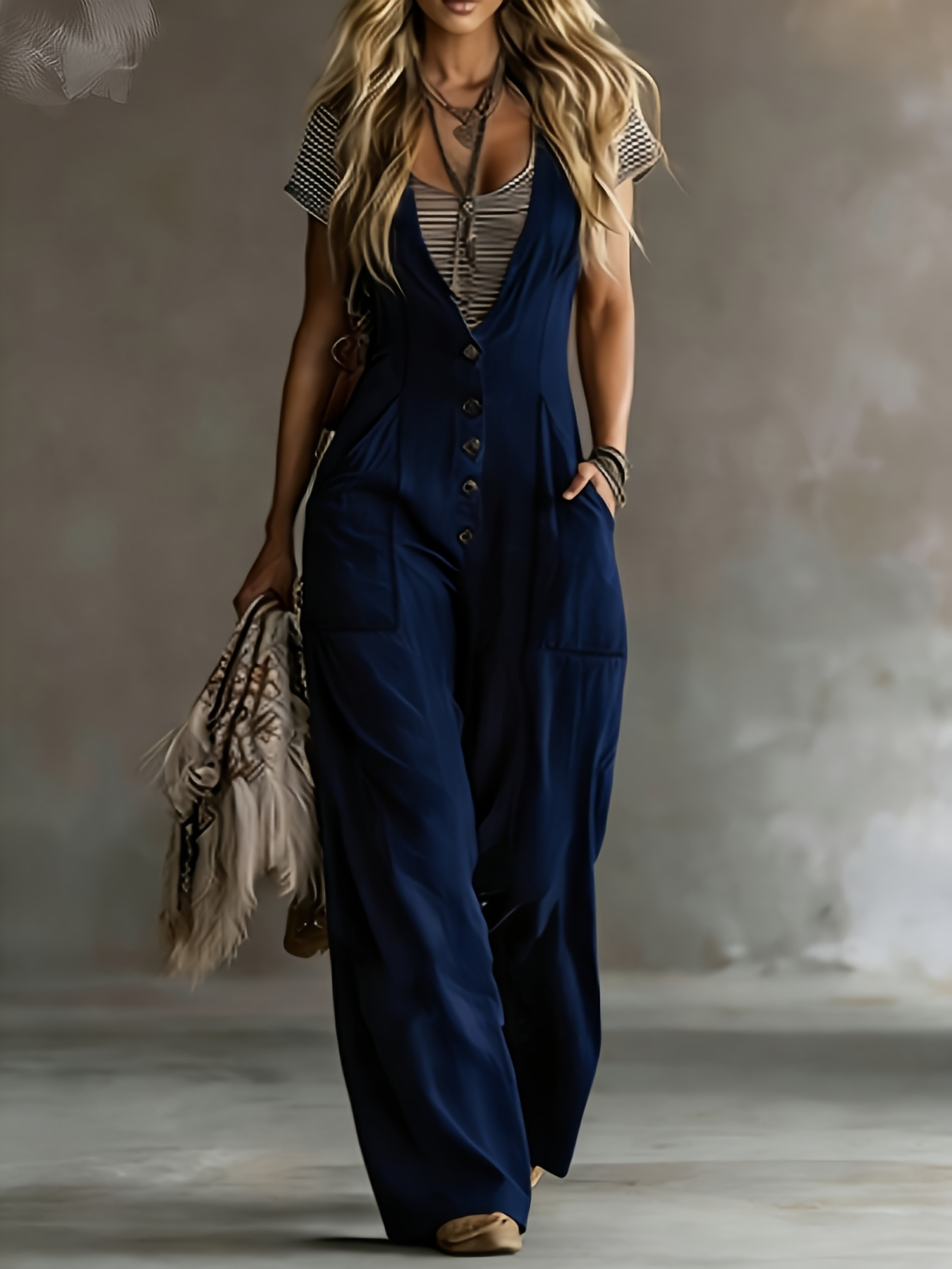 Loose wide-leg jumpsuit with pockets, model wearing outdoor lifestyle photo showing full length silhouette