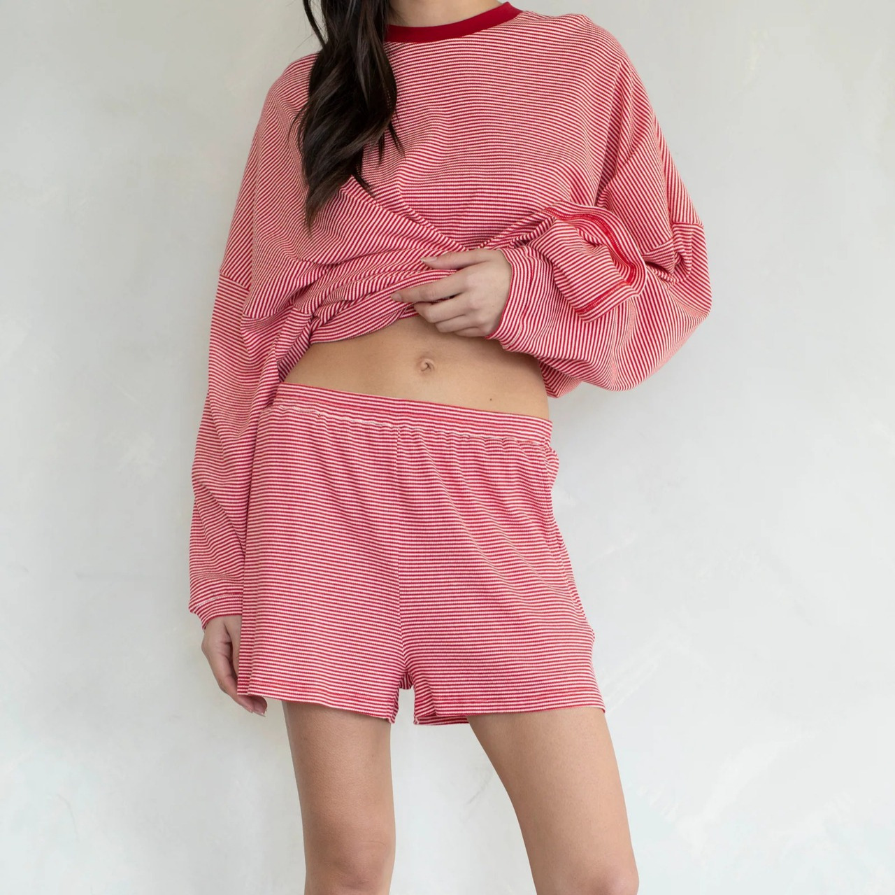 Striped Color Block Crew Neck Long Sleeve T-Shirt And Shorts Two Piece Set